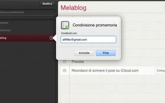 Condivisione Promemoria su iCloud.com
