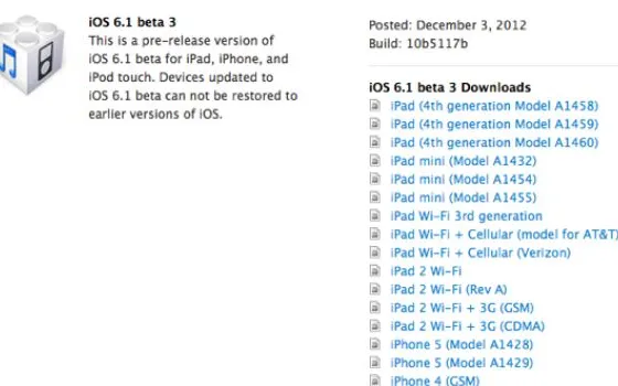 Rilasciata agli sviluppatori iOS 6.1 Beta 3