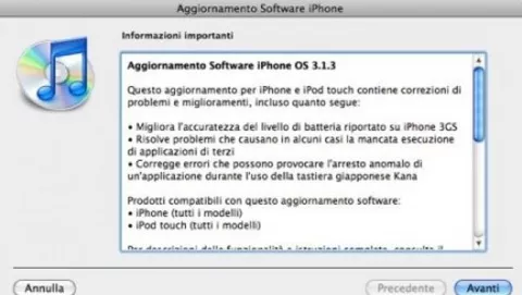 Aggiornamento firmware per iPhone OS: versione 3.1.3