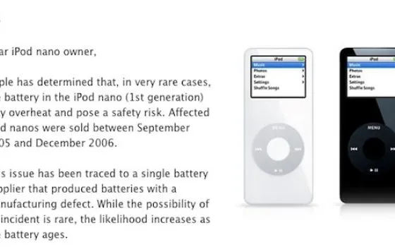 Apple lancia un programma di sostituzione per gli iPod Nano di prima generazione con problemi di batteria