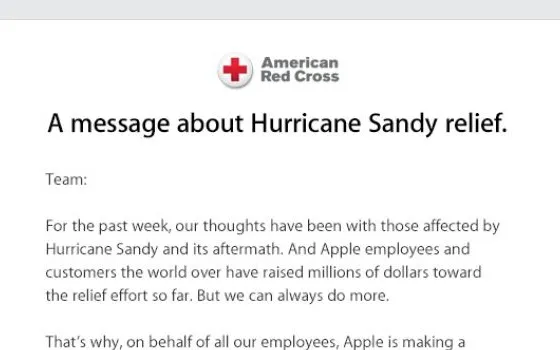 Apple dona 2,5 milioni di dollari alla Croce Rossa per l'uragano Sandy