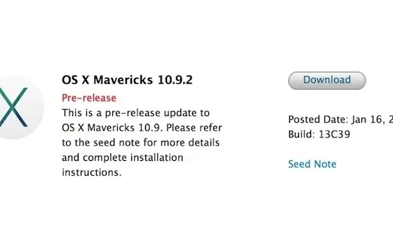 Apple invia OS X Mavericks 10.9.2 Build 13C39 agli sviluppatori