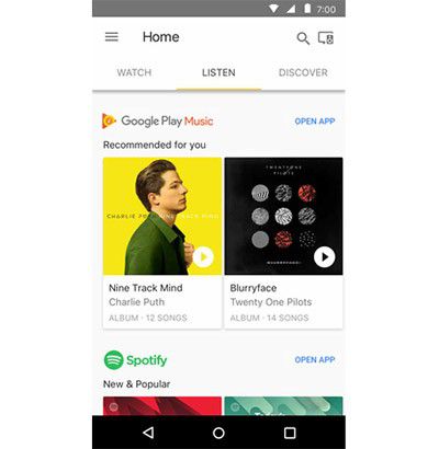 La scheda Ascolta (Listen) dell'applicazione Google Home suggerisce artisti, brani, album e playlist da ascoltare