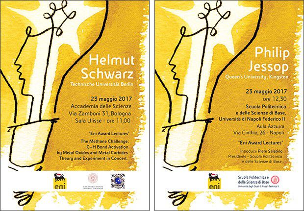 Le locandine delle Eni Award Lectures con gli interventi di Helmut Schwarz e Philip Jessop