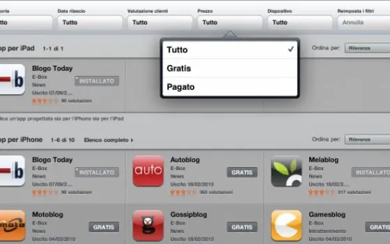 App Store per iPad: Nuovi filtri e bottone Installa