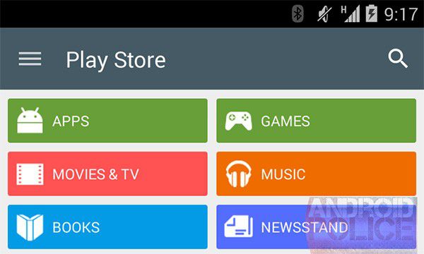 Il nuovo menu dell'applicazione Play Store, caratterizzato da pulsanti con sfondo "flat"