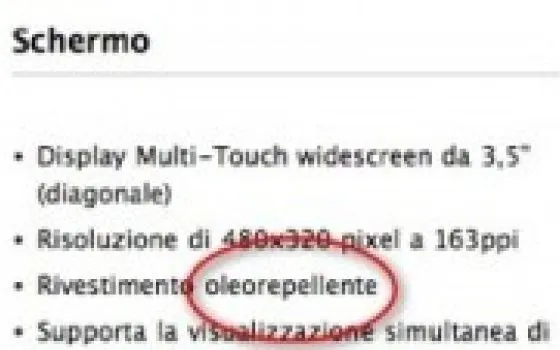 Lo schermo di iPhone 3G S è oleorepellente