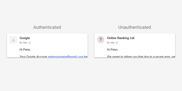 Ricevendo un messaggio che non può essere autenticato, Gmail mostra un punto di domanda al posto dell'icona relativa al mittente