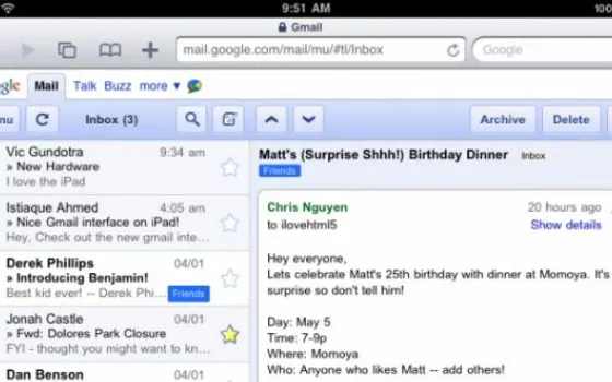 Google lancia GMail ottimizzato per iPad