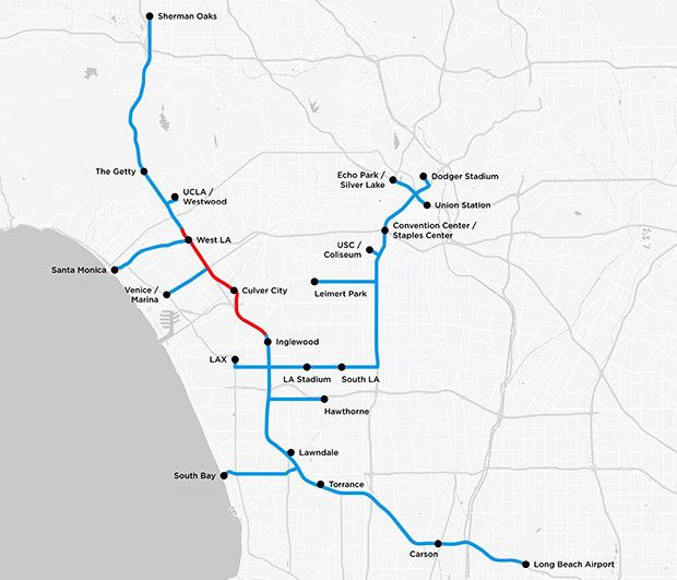 La mappa dei tunnel che la società di Elon Musk vorrebbe realizzare nel sottosuolo di Los Angeles per risolvere il problema del traffico