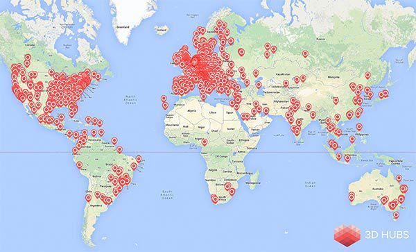 La mappa che mostra la distribuzione degli hub iscritti a 3D Hubs in tutto il mondo