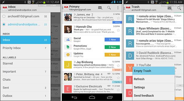 Screenshot per la nuova interfaccia introdotta dalla versione 4.5 dell'app Gmail su Android (Android Police)