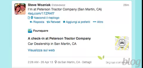 Steve Wozniak con Foursquare, geolocalizzato su Twitter