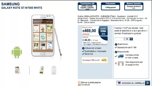 Samsung Galaxy Note a 469 euro da Unieuro
