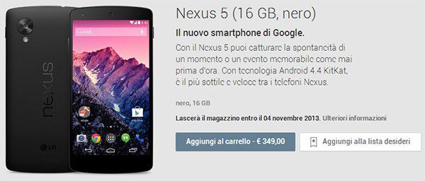 Nexus 5 sullo store Google Play, acquistabile anche in Italia a 349 euro