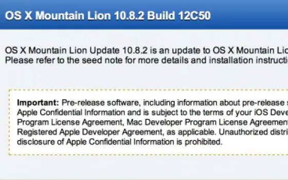 La versione semi-finale di OS X 10.8.2 agli sviluppatori