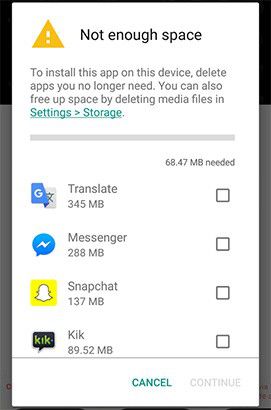 La schermata di Google Play che suggerisce quali applicazioni disinstallare per liberare spazio nella memoria interna del dispositivo