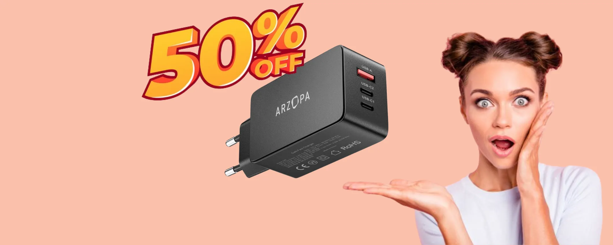 Oggi il Caricatore USB C da 65W lo paghi la metà: applica il coupon sconto Amazon