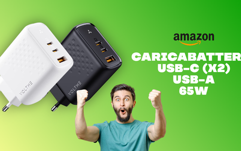 Caricabatterie 65W con USB-C e USB-A: PREZZO TOP con il doppio sconto Amazon