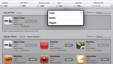 App Store per iPad: Nuovi filtri e bottone Installa