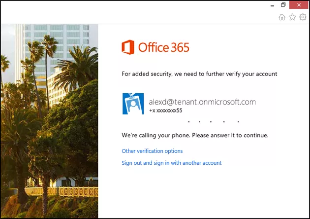 La funzione di autenticazione multi-factor in Office 365 chiede all'utente di rispondere al telefono.