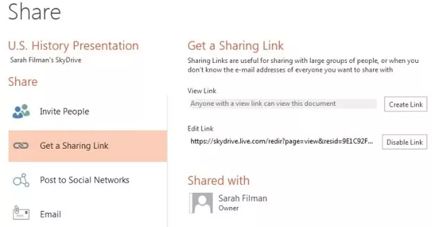 Sharing link Office - SkyDrive