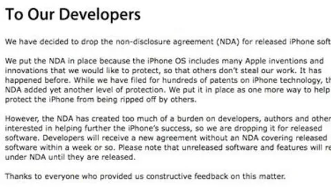 Apple elimina NDA sul software iPhone pubblicato