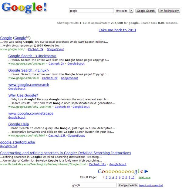 Ecco come apparivano le SERP di Google nel 1998: a svelarlo è un easter egg che festeggia i 15 anni del gruppo