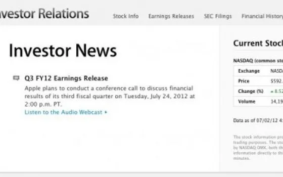 Apple annuncerà la trimestrale 3Q 2012 il 24 luglio