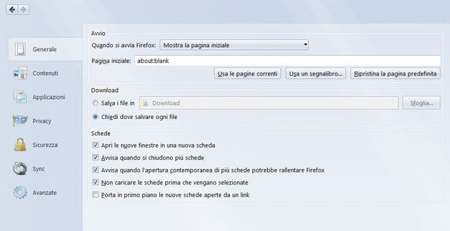 Le opzioni in-tab di Firefox 29