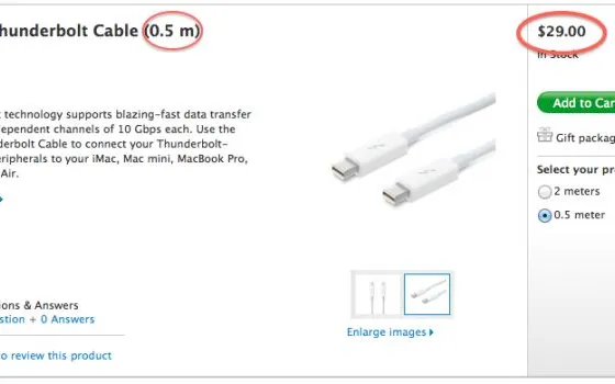 I cavi Thunderbolt di Apple sono meno costosi
