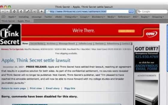 Apple fa chiudere ThinkSecret, ma le fonti rimangono protette