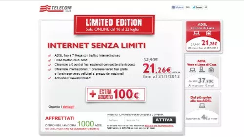 Telecom Italia: 100 euro di sconto a chi attiverà Internet Senza Limiti