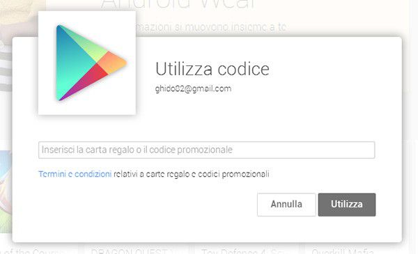 Google Play, carte regalo: la schermata per l'inserimento del codice segreto