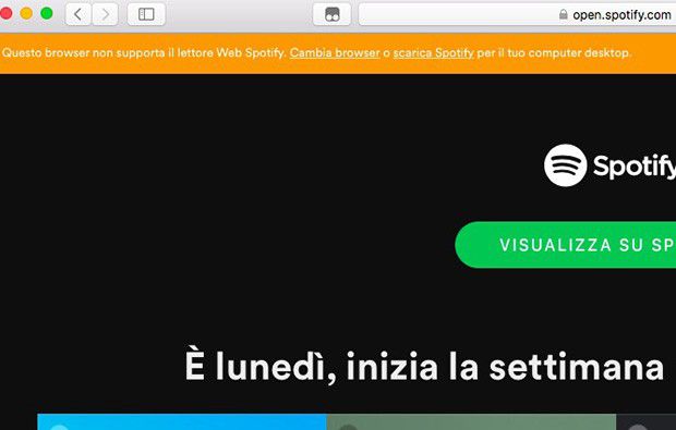 Il Web Player di Spotify non è più accessibile dal browser Safari: un messaggio consiglia di cambiare browser o scaricare il client desktop della piattaforma di streaming