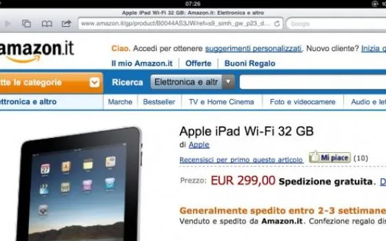 iPad WiFi 32 GB in offerta da Amazon a 299 €