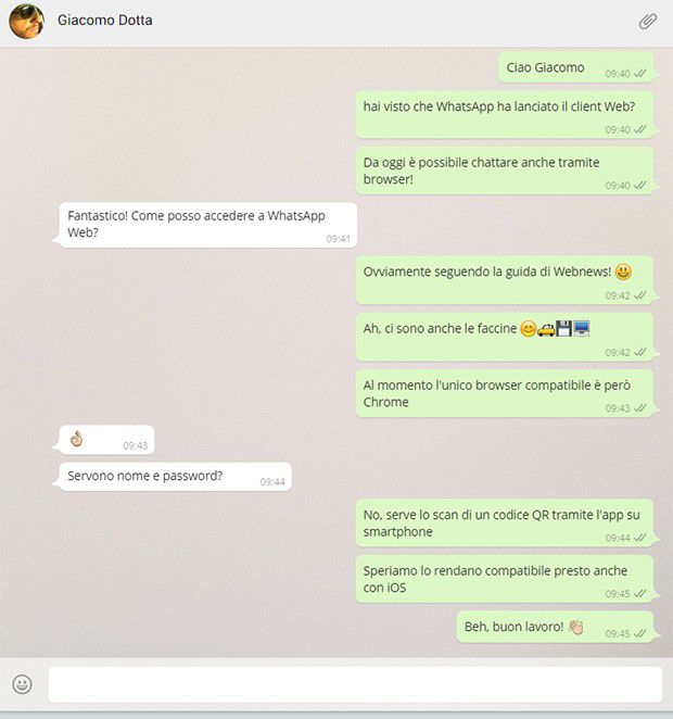 Una singola conversazione visualizzata nell'interfaccia di WhatsApp Web