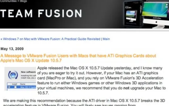 VMware: non aggiornate a OS X 10.5.7 se avete una scheda ATI