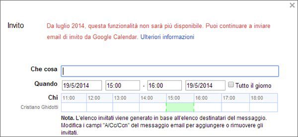 L'avviso che compare inserendo un invito da Google Calendar all'interno di un messaggio da inviare con Gmail