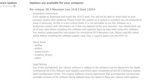 Nuova beta  OS X Mountain Lion 10.8.3 build 12D54 rilasciata agli sviluppatori