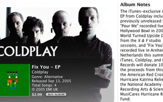 iTunes e beneficenza: un EP dei Coldplay per le vittime dell'uragano